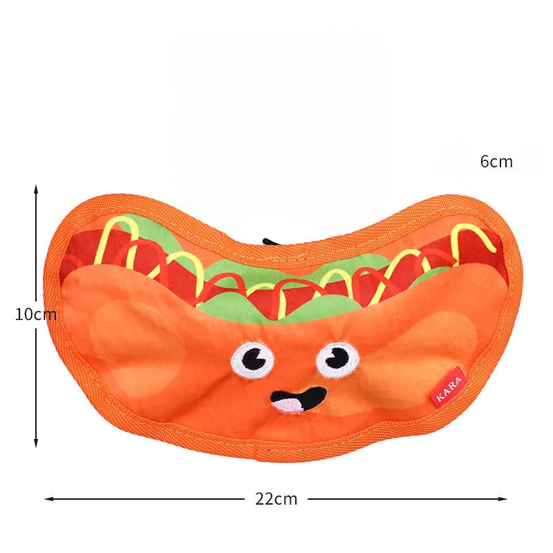 Colourful hamburger-shaped dog chew toy with crinkle and squeak features for interactive play.
