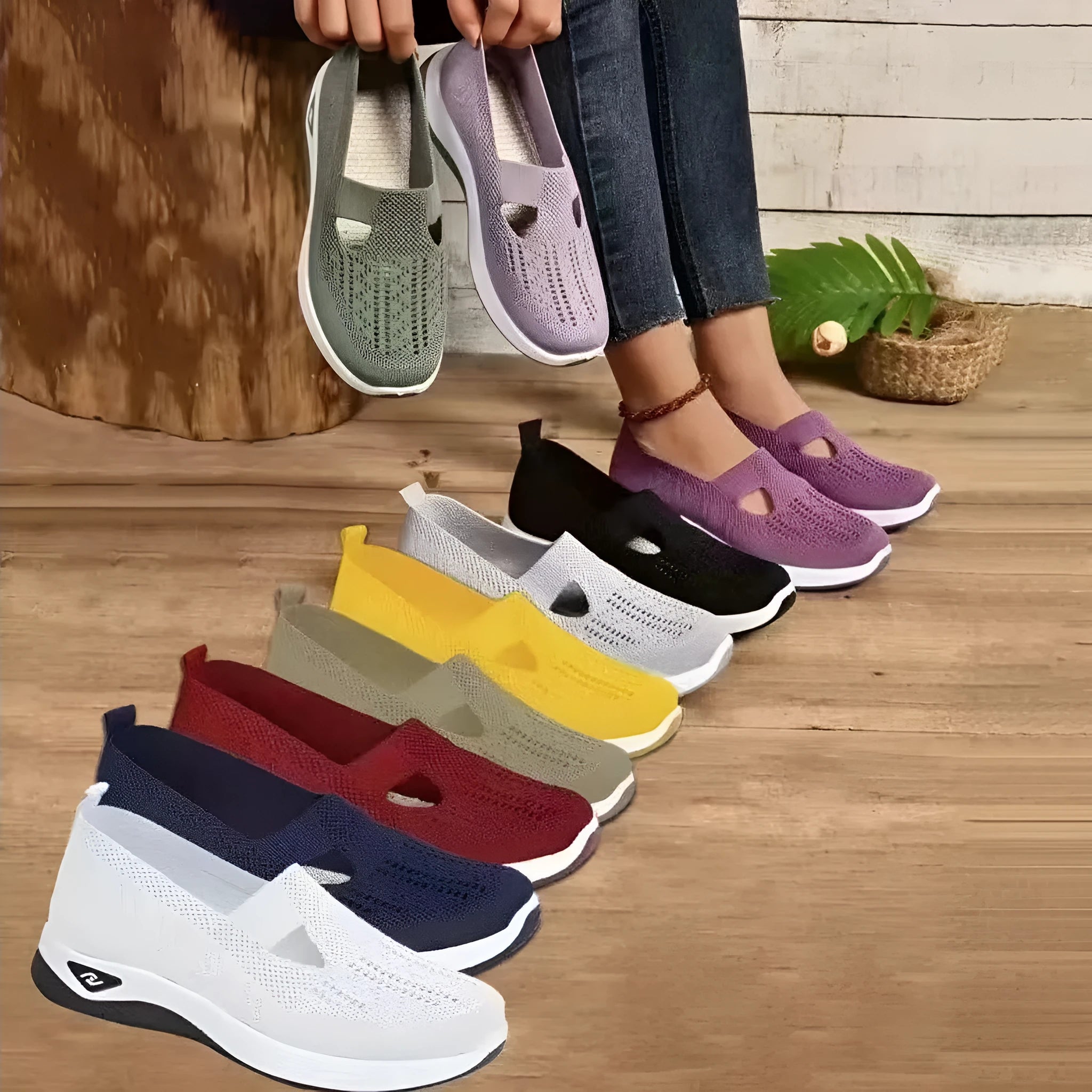 Casual mesh T-strap flat shoe for women in a selection of colours on a soft PVC sole.