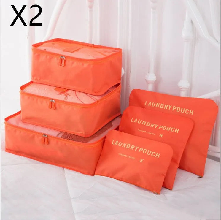 6 piece polyester travel storage bag set in hand bag type shape for clothes and cosmetic organisation, various colour options