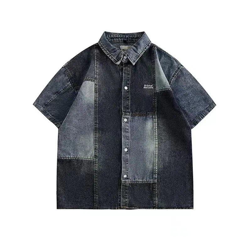 Blue Japanese-style denim shirt for men with washed stitching and loose cardigan fit