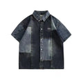 Blue Japanese-style denim shirt for men with washed stitching and loose cardigan fit