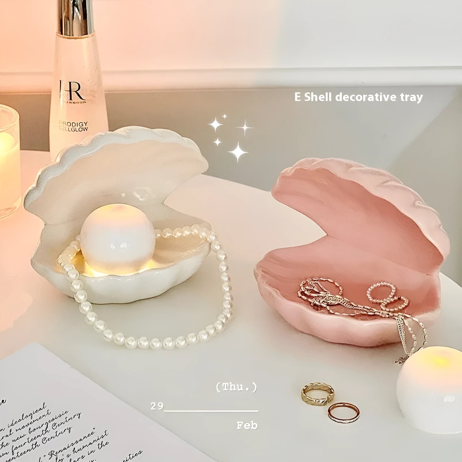 White porcelain storage tray with optional small night light in pink or white shell colour.