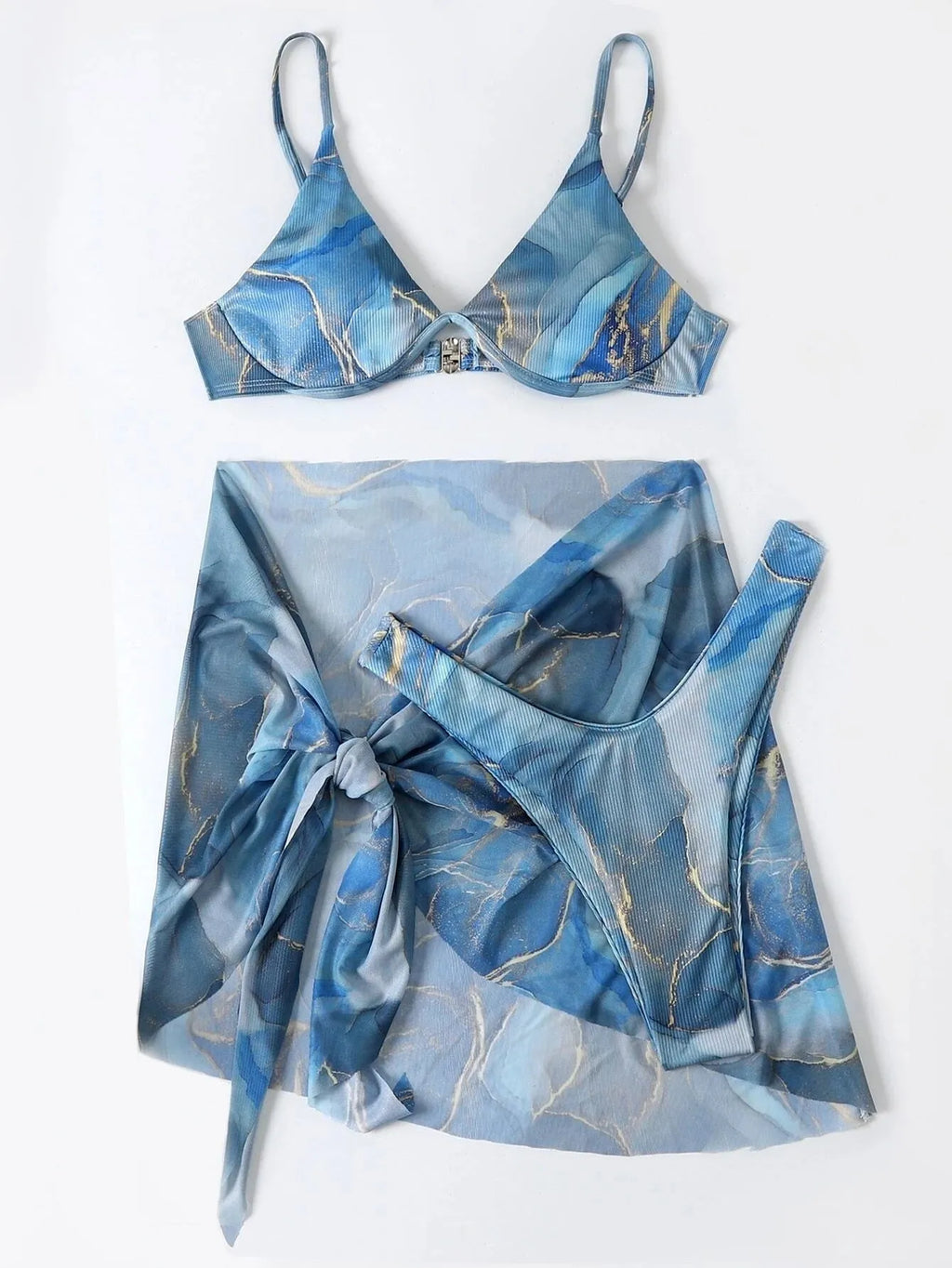 Marble print three-piece bikini swimwear set with skirt on a mannequin.