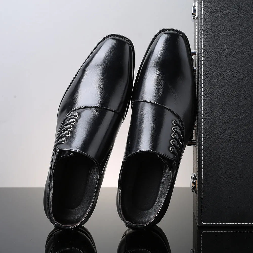 Men's square toe low-top lace-up shoes with leather stitching, available in black, red, and yellow, sizes 38-48