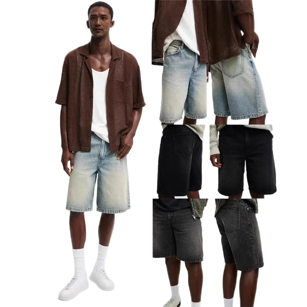 Men's loose fit straight leg jeans in light blue, black, and grey denim for summer street style