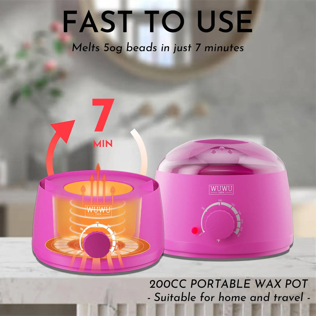 WUWUVISTA 63-piece waxing kit with black or pink wax warmer, wax beans, applicator sticks, and accessories