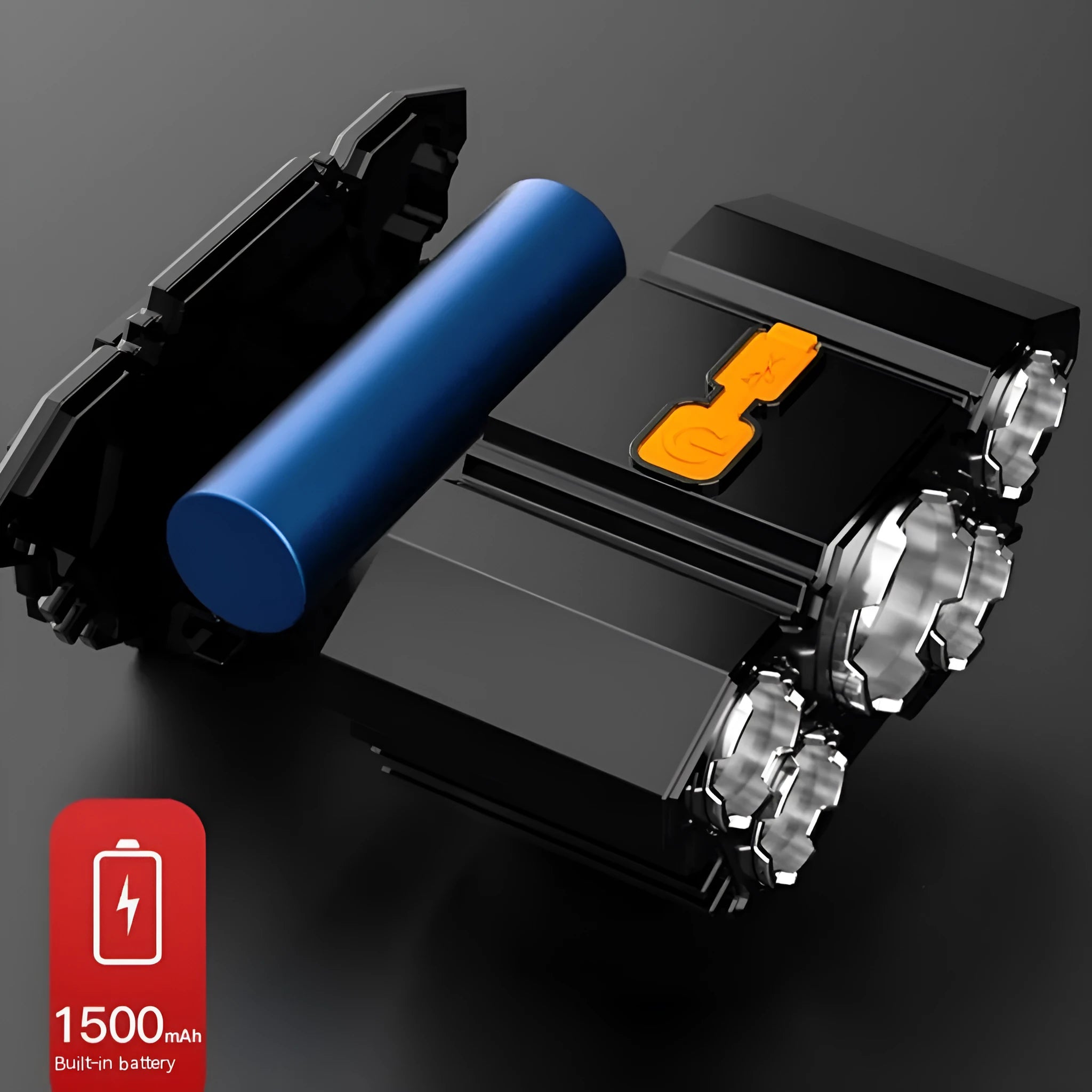 Super bright 10W LED miner's head lamp with adjustable strap and charging cable on colour box