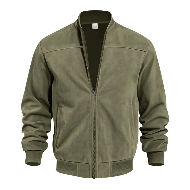 Men's plus size suede zipper jacket in Army Green, shown with regular sleeves and a casual fit.