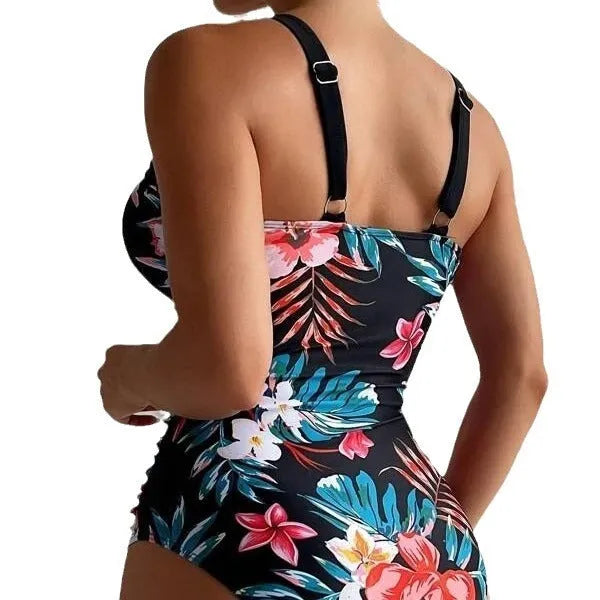 Women's floral backless one-piece swimsuit in polyester spandex