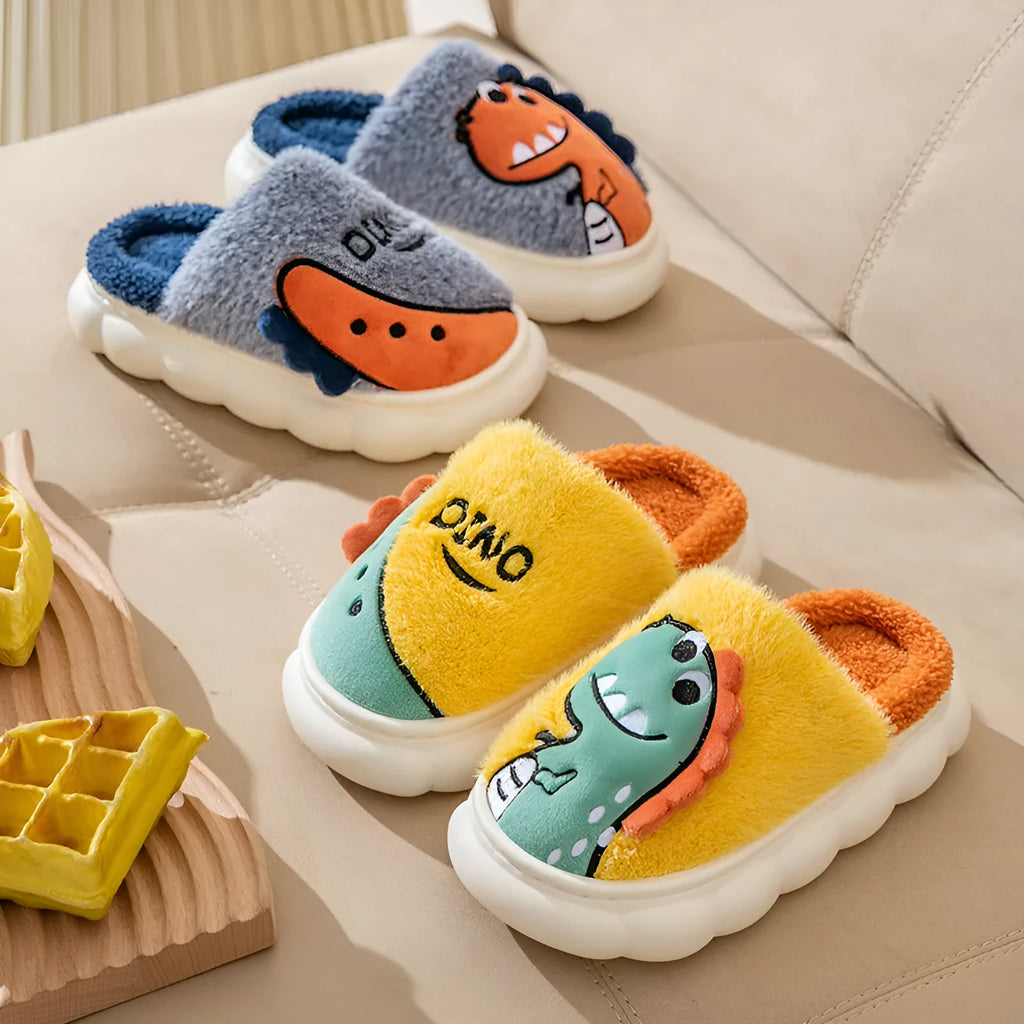 Cotton plush couple slippers with dinosaur print in grey, coffee, or orange, showing thickened pile fabric