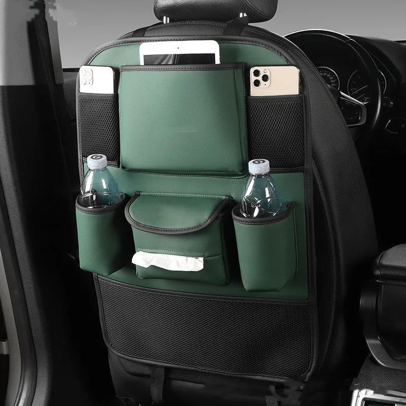 Leather car seat back storage bag in hanging design available in four colours