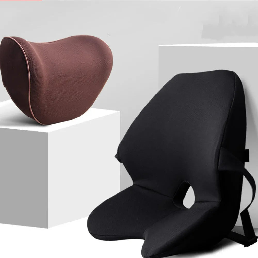 Memory foam car seat waist cushion and lumbar support pad with removable polyester cover.