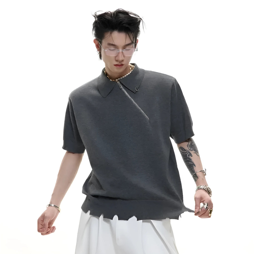 Men's black slim-fit knitted polo shirt with an oblique diagonal front zipper and lapel collar.