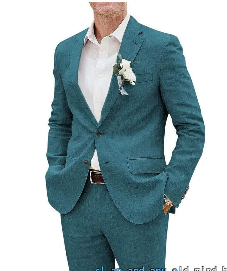 Men's linen slim fit business banquet suit set in beige, jacket and trousers, size XS to 6XL