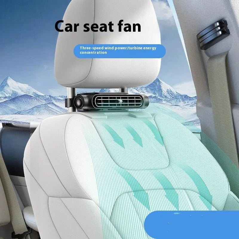 USB car fan in black, white, or beige with brushless motor and three speed buttons