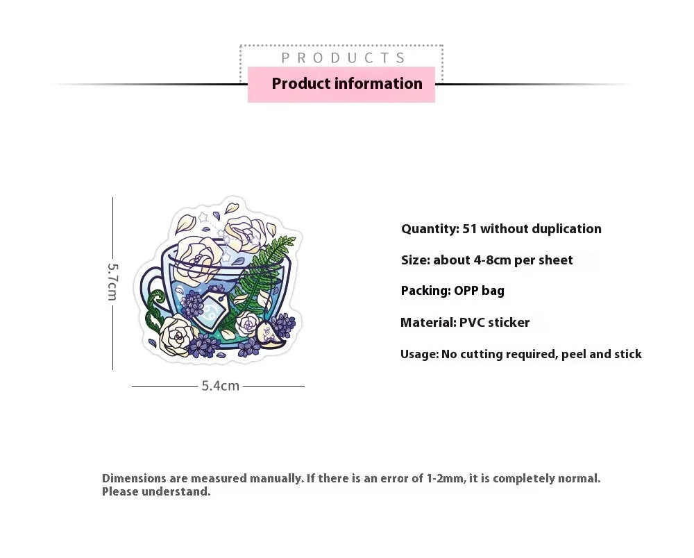 Colourful tea cup graffiti design stickers on scooter and luggage, 50 piece waterproof vinyl pack
