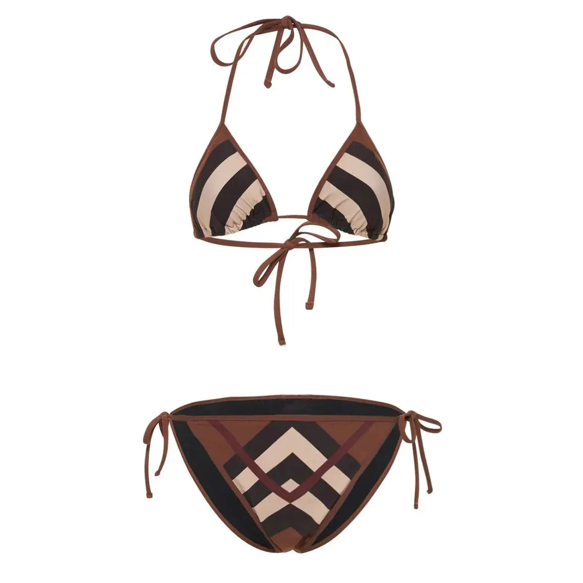 Women's black and white floral bikini set with split briefs on a beach