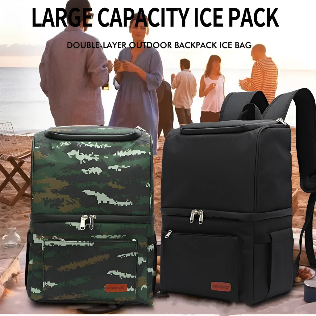 Blue insulated picnic backpack with adjustable straps and detachable ice pack
