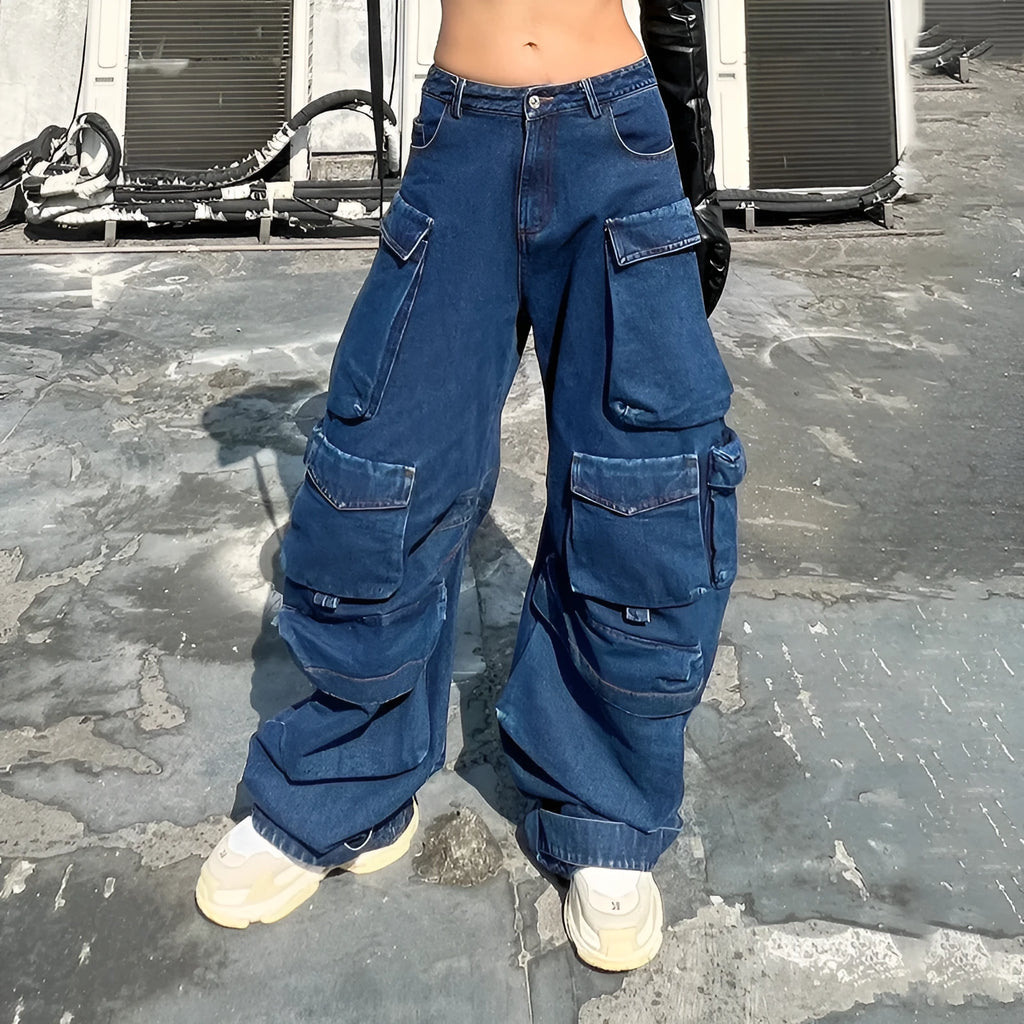 Dark blue distressed women's wide-leg jeans with a high waist and multiple pockets on a mannequin.
