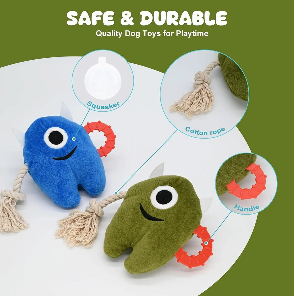 Blue and green plush dog toys with cotton rope segments and squeaker for chewing and tugging