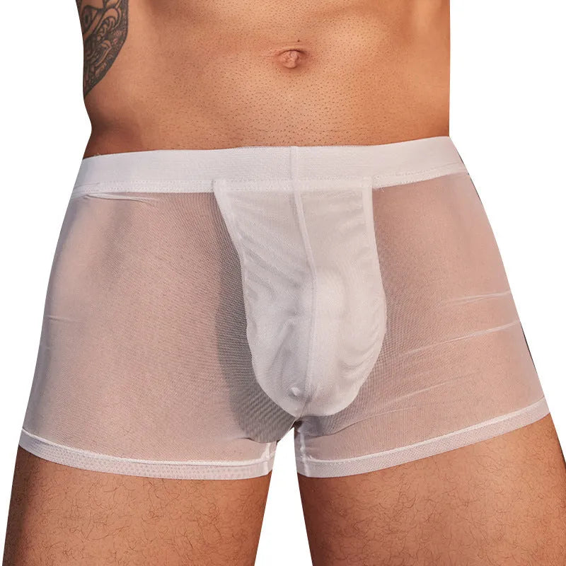Men's black ultra-thin nylon boxer briefs laid flat, free size