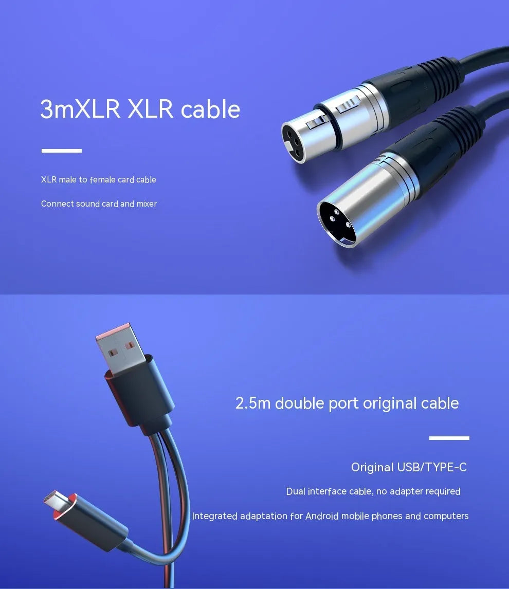 Black dynamic noise reduction microphone with XLR and USB ports on desktop base