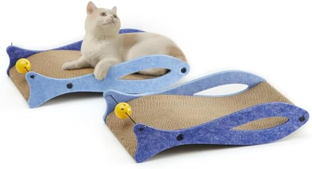 Blue fish-shaped cardboard cat scratcher lounger with a dangling bell ball toy.