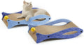 Blue fish-shaped cardboard cat scratcher lounger with a dangling bell ball toy.