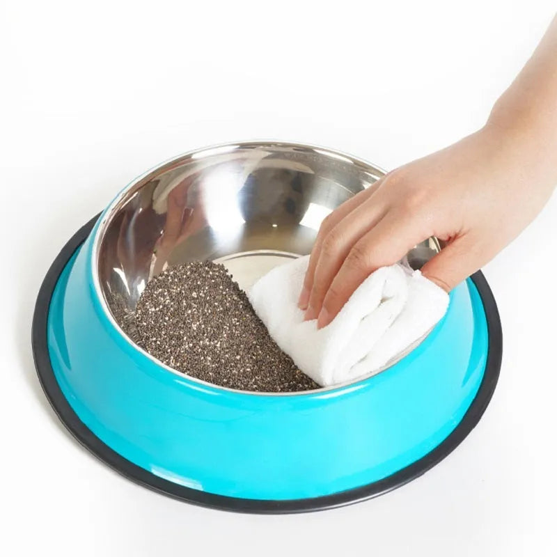 Dual-part stainless steel and melamine pet bowl with non-slip silicone base in assorted colours