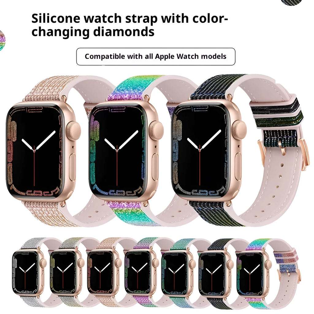 Diamond-encrusted double-sided allochroic silica gel strap for Apple Watch 38-49mm in rainbow colour