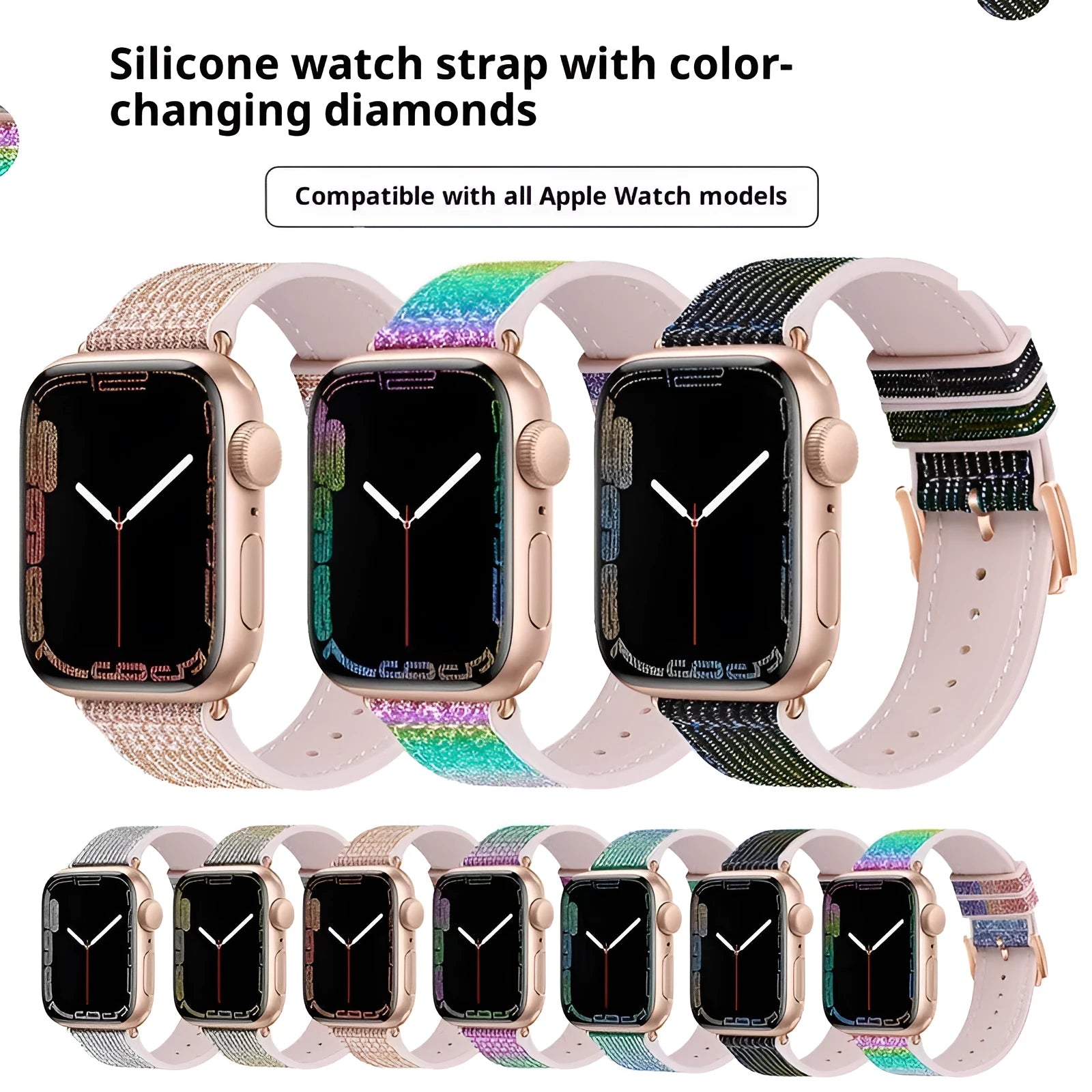Diamond-encrusted double-sided allochroic silica gel strap for Apple Watch 38-49mm in rainbow colour