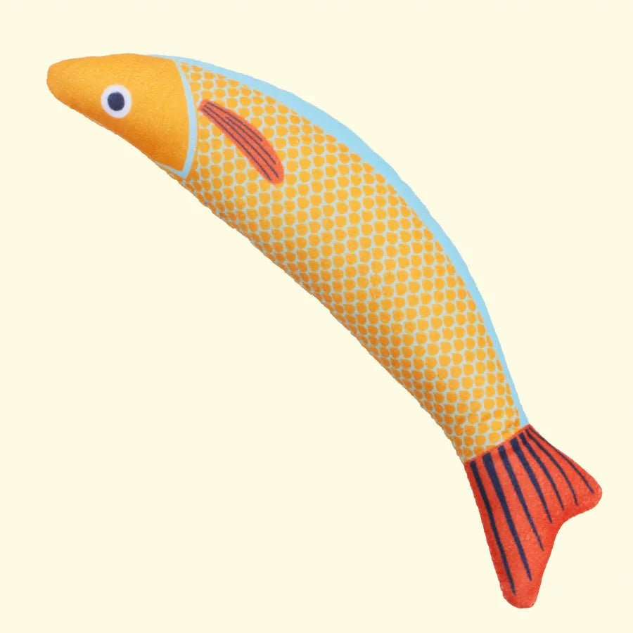 Catnip fish kicker toy in green, orange, or yellow with soft plush and cotton construction