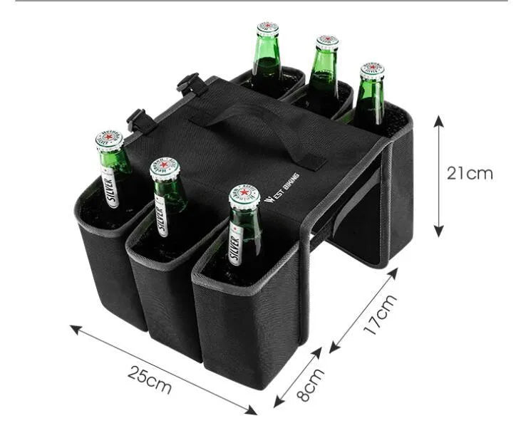 Black and orange bicycle double-sided drink shelf bag mounted on bike rack with 2 litre capacity