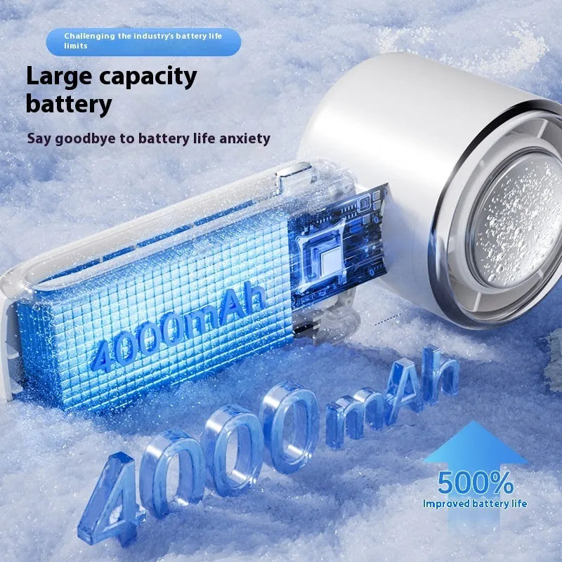 New folding handheld fan with brushless motor and 4000mAh battery in blue colour, showing multiple speed settings