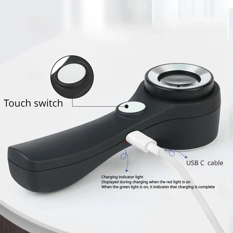 Professional magnifying glass with optical glass lens for jewellery tobacco alcohol appraisal in black or silver finish