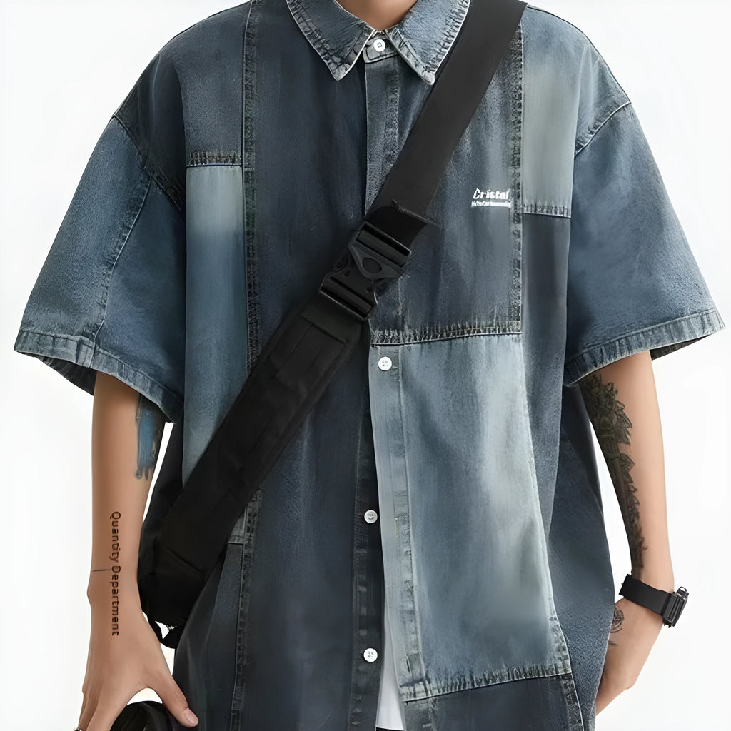Blue Japanese-style denim shirt for men with washed stitching and loose cardigan fit