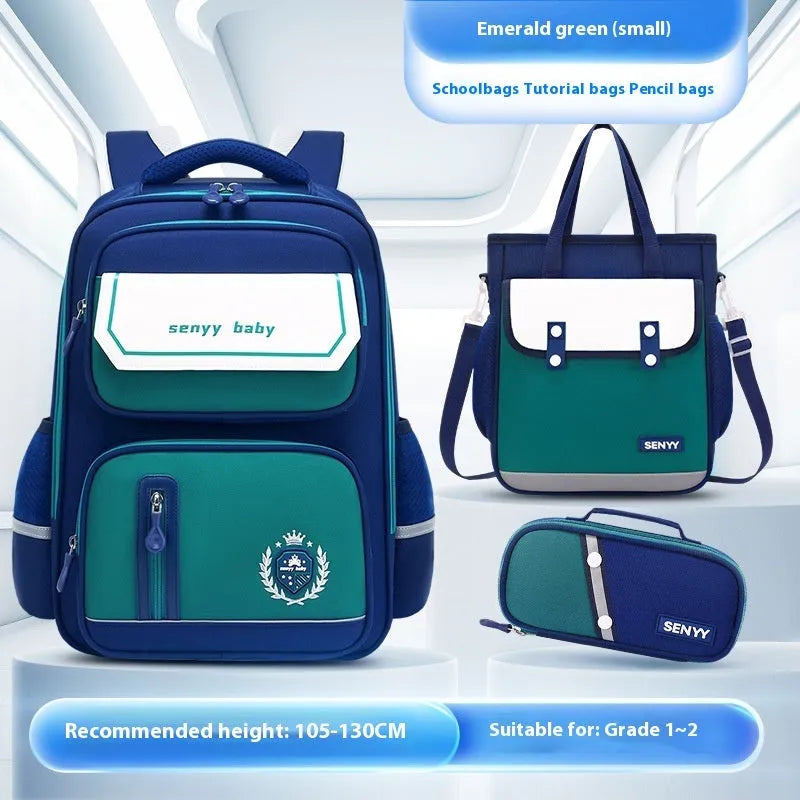 Children's spine protector backpack in blue, made of water-repellent Oxford cloth, size 38x30x15cm
