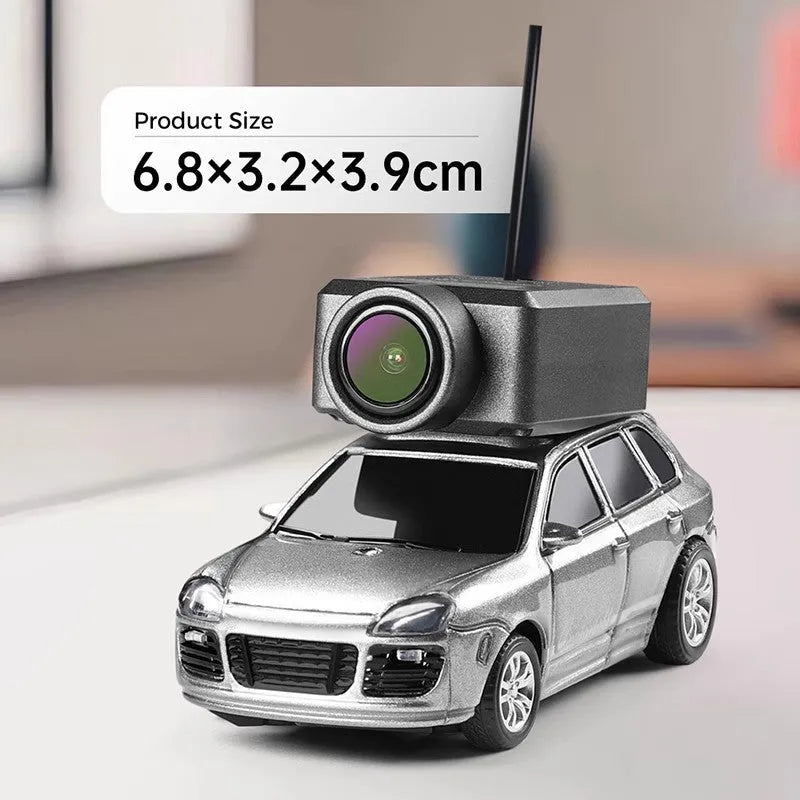 Mini alloy remote control car 1:64 scale with self-stabilising camera and blue ambient lights