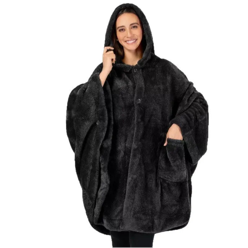 Thickened hooded bathrobe cardigan in black, dark gray or pink solid colours with long sleeves
