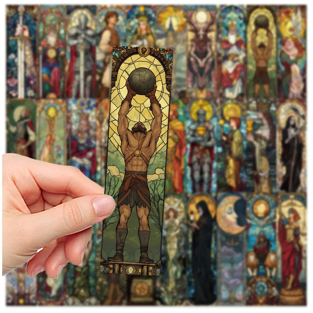 Set of 30 colourful painted glass tarot design paper bookmarks in a cute homemade style.