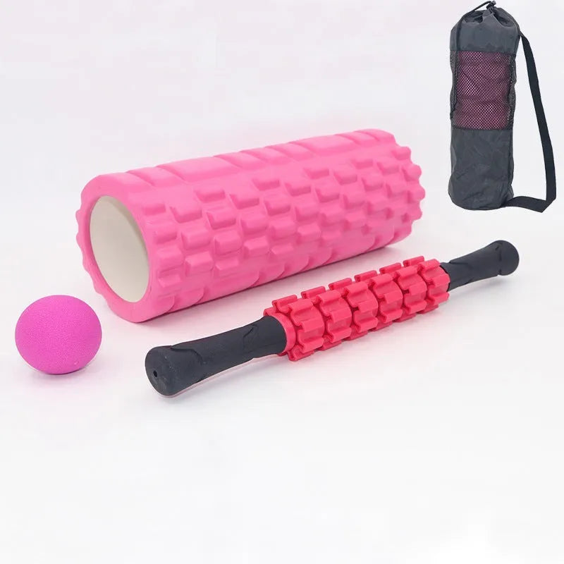 Black six-piece foam roller and massage bar set with 33cm stick for fitness recovery