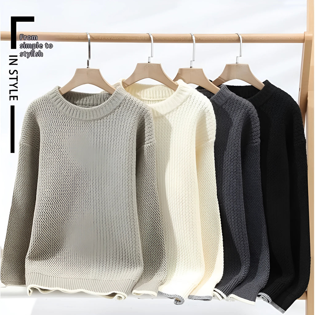 Men's grey round neck loose fitting casual sweater with long sleeves for autumn wear