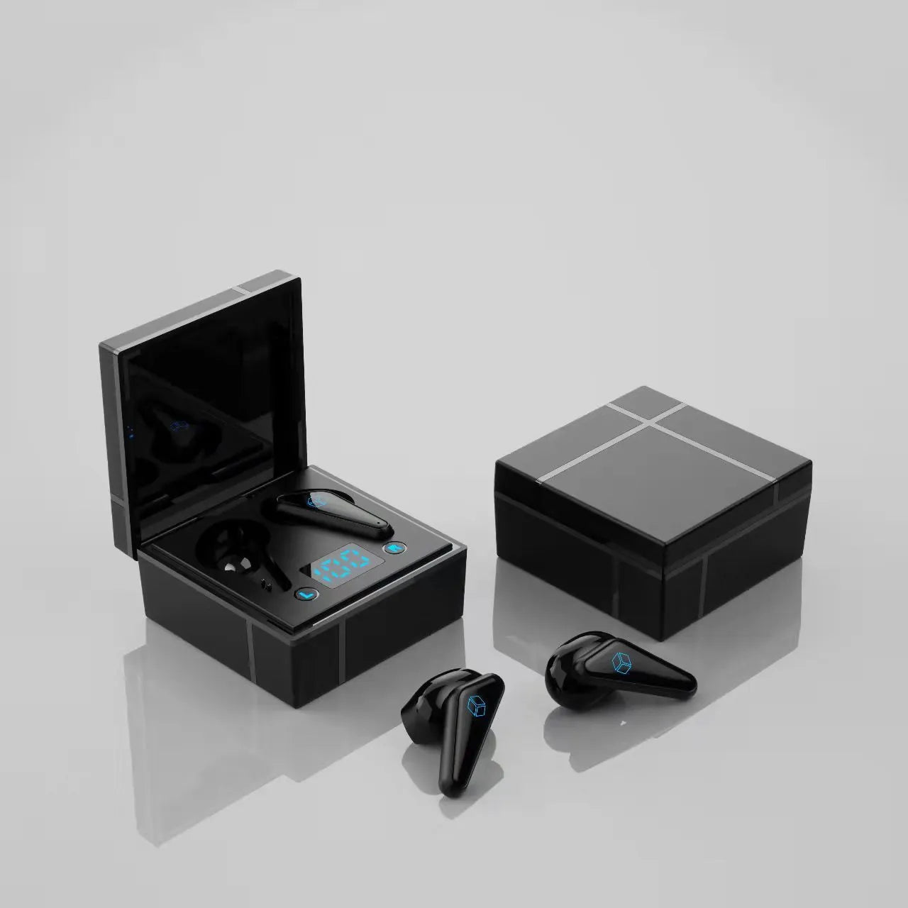 Bluetooth gaming headset with digital display showing battery level, available in multiple colour combinations
