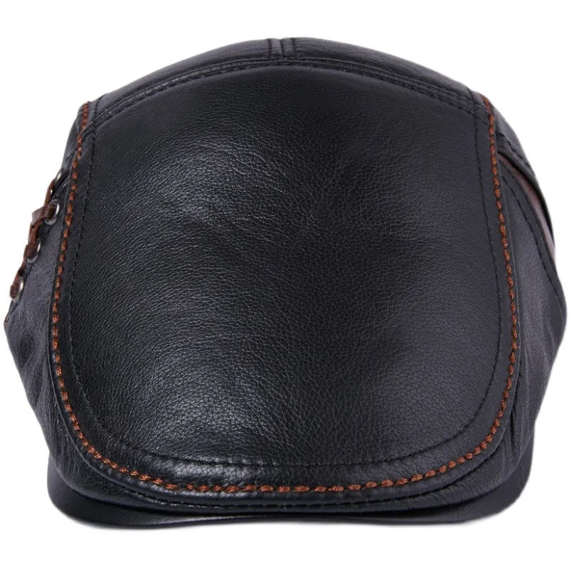 Men's cowhide leather beret peaked cap in dark brown with short brim on a neutral background