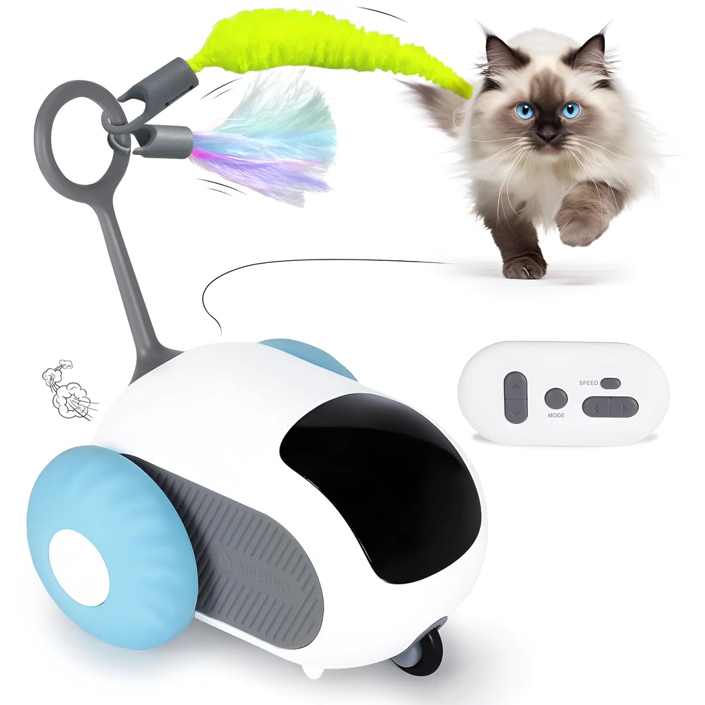 Blue remote controlled toy car with feather attachment for cat play with USB charging cable