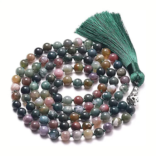 Long geometric agate tassel necklace showing colour options like Indian agate and lapis lazuli on a model.