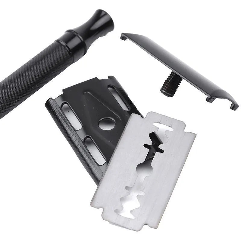 Manual beard scraper and brush set in black or silver metal finish