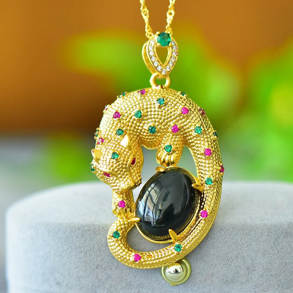 Natural gray Hetian jade pendant with copper inlay detailing on necklace