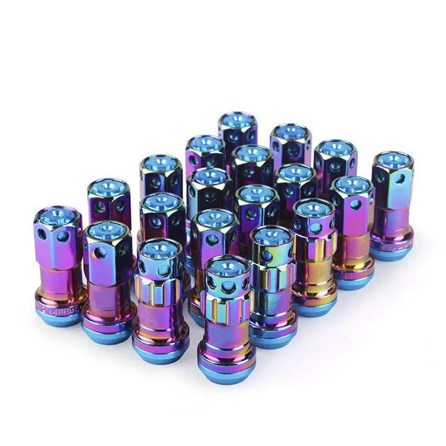Aluminium alloy forged automobile wheel hub nut in various colours including red, gold, blue, purple, and black combinations.