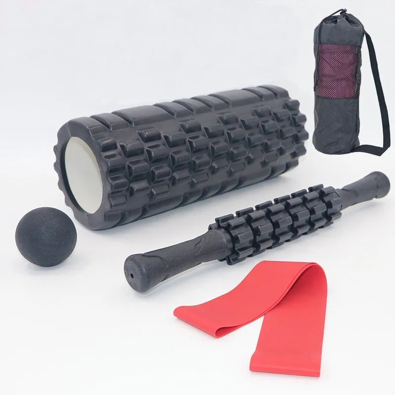 Black six-piece foam roller and massage bar set with 33cm stick for fitness recovery